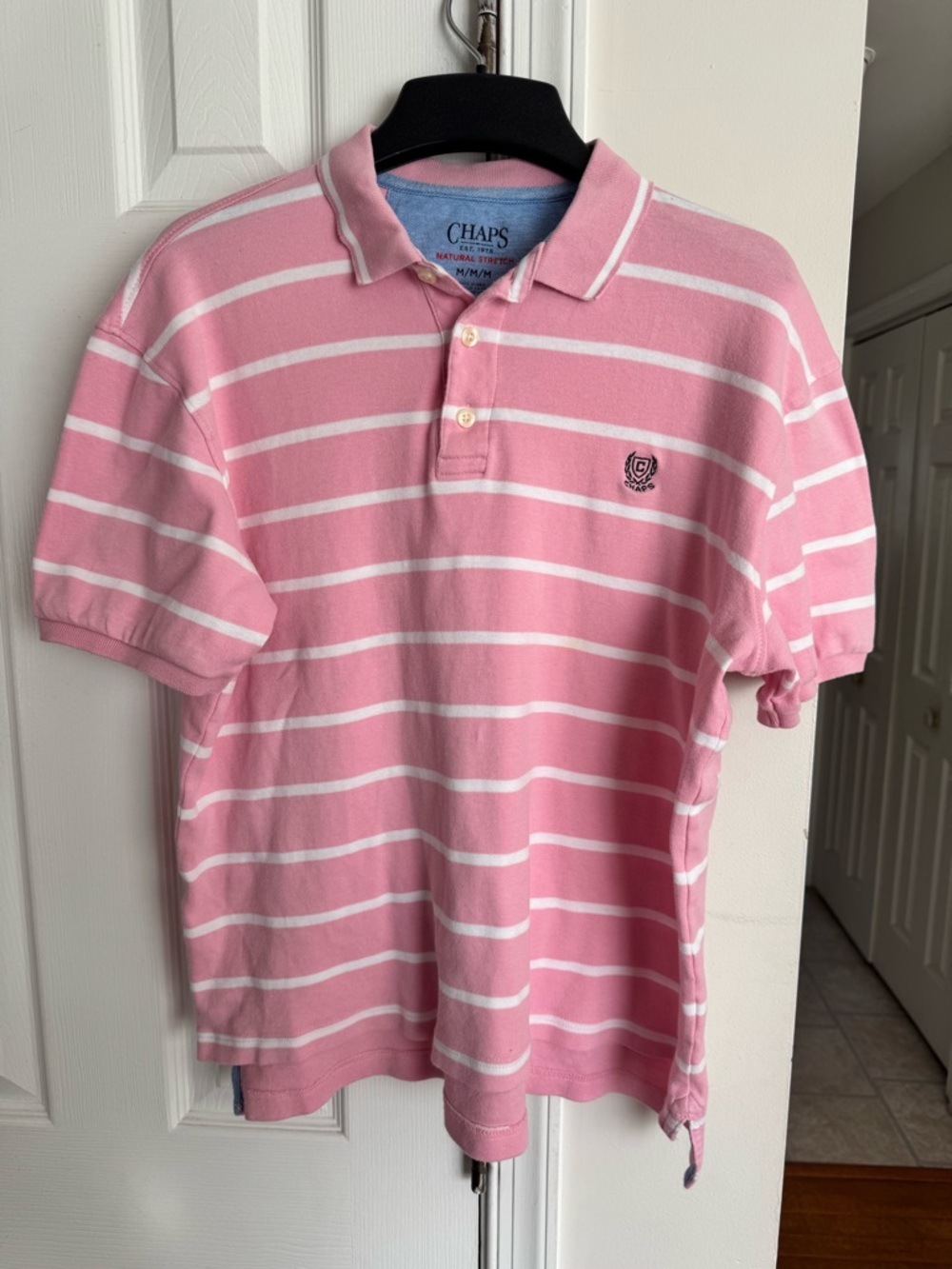 Chaps Ralph Lauren Mens M Pink White Striped Polo Shirt Short Sleeve 100% Cotton